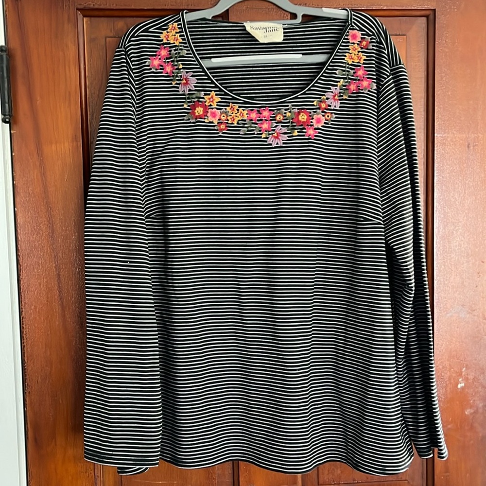 Savanna Jane Womens 2X Long Sleeve Top Striped Embroidered Floral Black White